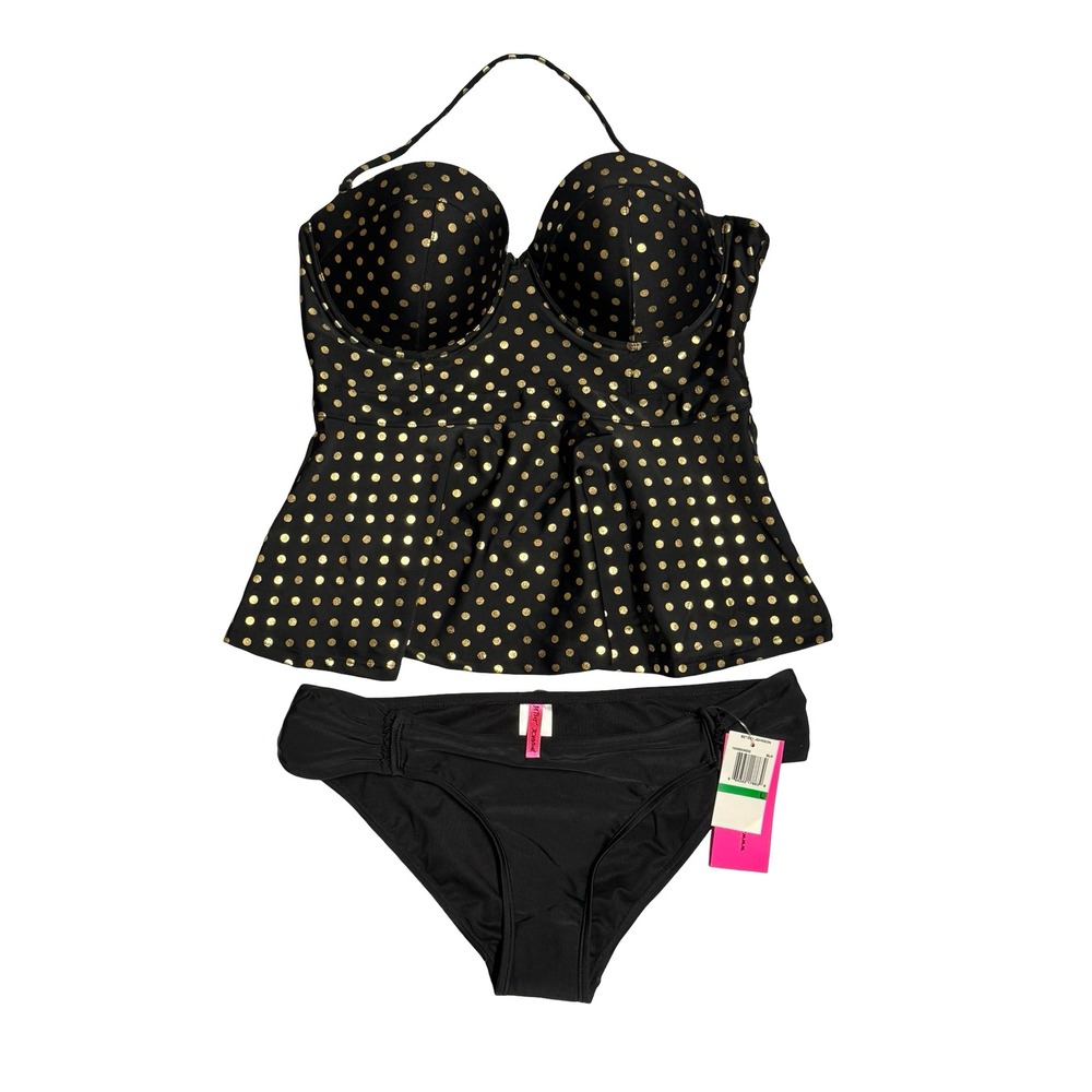 Betsey Johnson Milkshake Tankini Swimsuit Set L Black Gold Polka Dot Beach Retro
